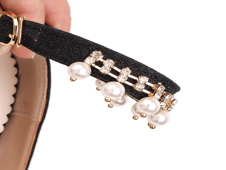 Women's Pumps Bling Bling Round Toe Pearls Ankle Strap Block Heel Shoes