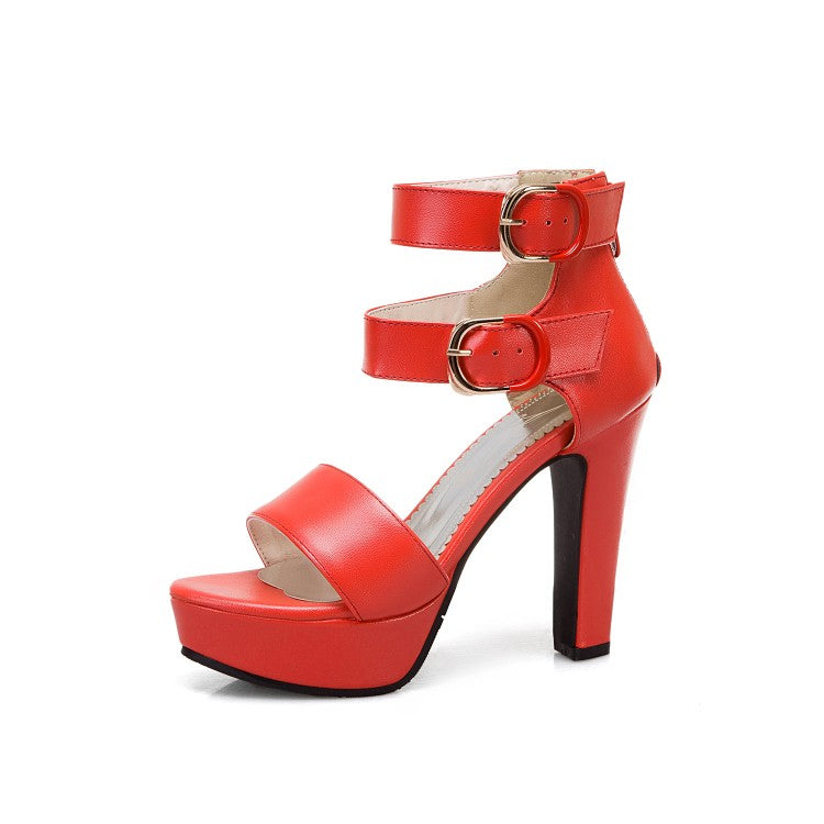 Women's Solid Color Double Ankle Strap Platform Chunky Heel Sandals
