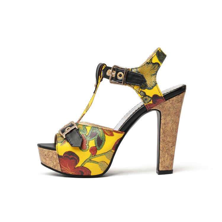 Women's Colorful Buckle T Ankle Strap Platform Chunky Heel Sandals