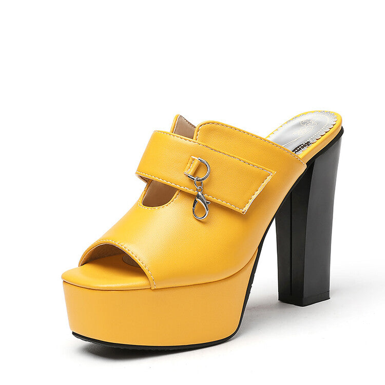 Women's Solid Color Peep Toe Mules Platform Chunky Heel Sandals