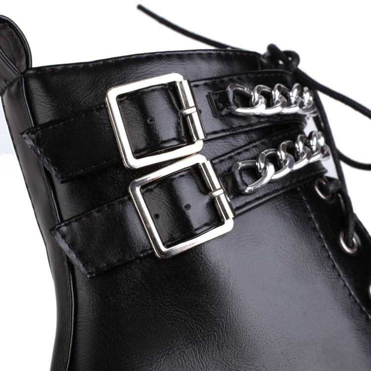 Women's Square Toe Tied Belts Metal Chains Buckles Block Heel Platform Short Boots