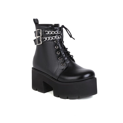 Women's Square Toe Tied Belts Metal Chains Buckles Block Heel Platform Short Boots