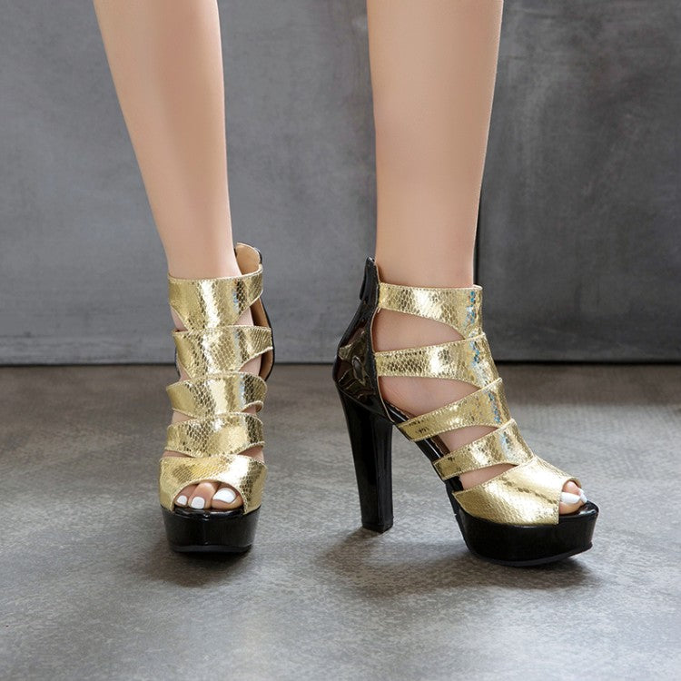 Women's Glossy Snake Print Peep Toe Hollow Out Chunky Heel Platform Gladiator Sandals