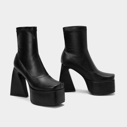 Women's Pu Leather Square Toe Chunky Heel Platform Short Boots