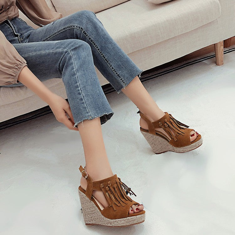 Women's Solid Color Suede Peep Toe Tassel Woven Wedge Heel Platform Sandals