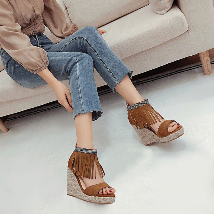 Women's Rhinestone Ankle Strap Tassel Woven Wedge Heel Platform Sandals