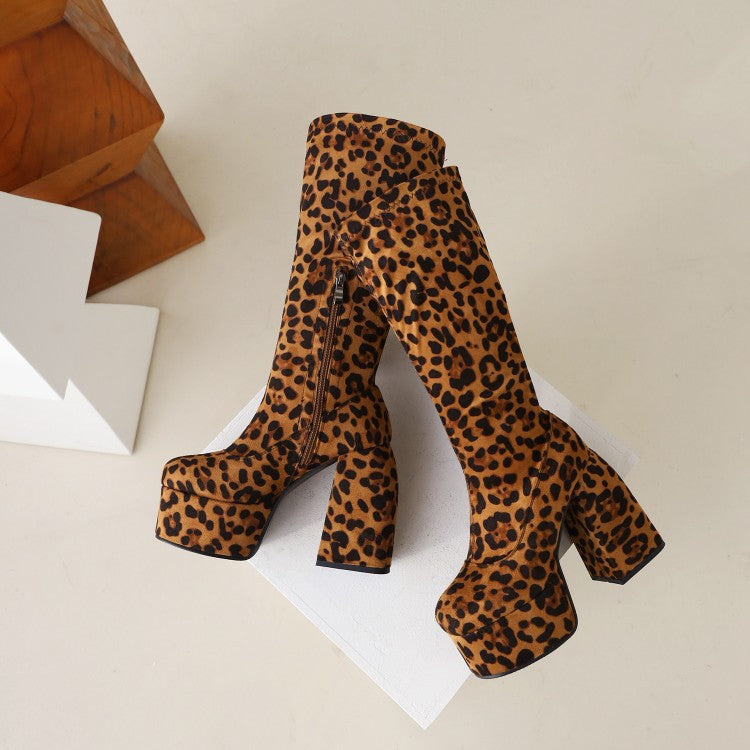 Women's Leopard Print Round Toe Stitching Block Heel Platform Knee High Boots