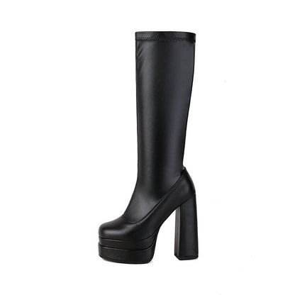 Women's Square Toe Side Zippers Chunky Heel Platform Knee High Boots