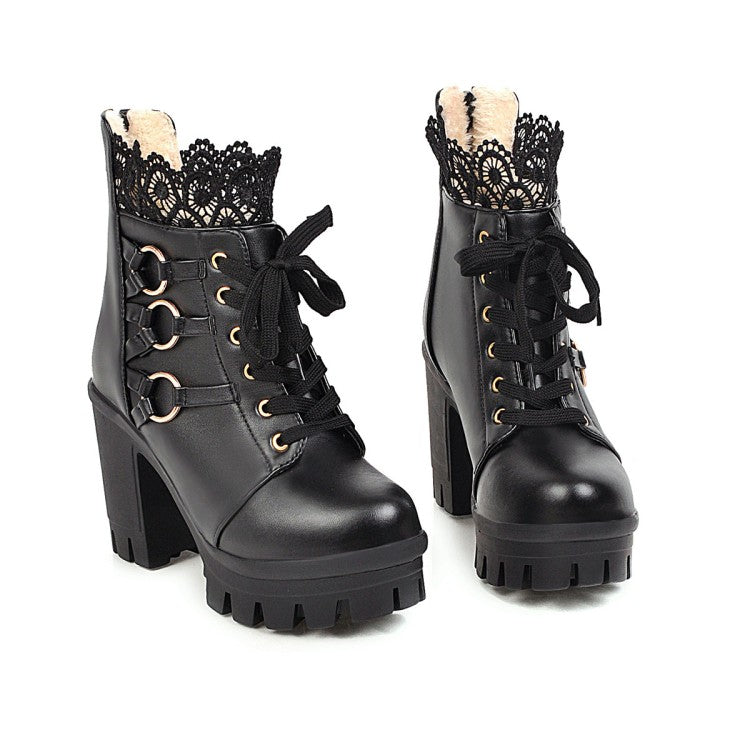 Women's Lace Up Buckles Lace Chunky Heel Platform Ankle Boots