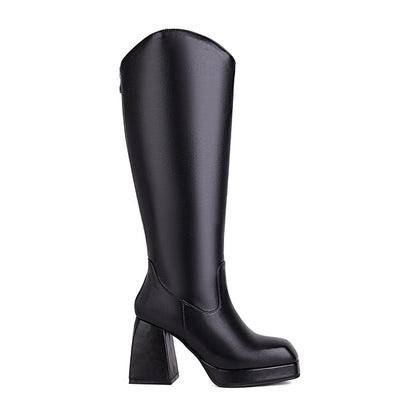 Women's Candy Color Stitching Block Heel Platform Knee High Boots