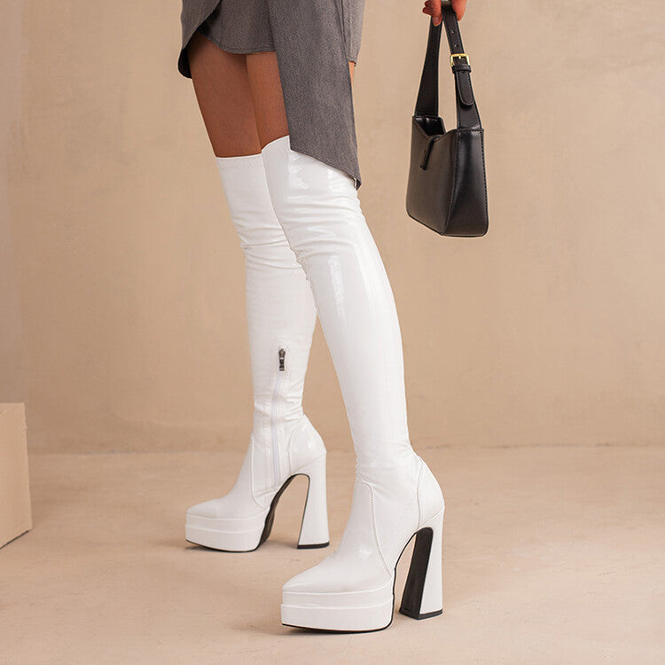 Women's Glossy Pointed Toe Side Zippers Chunky Heel Platform Over the Knee Boots
