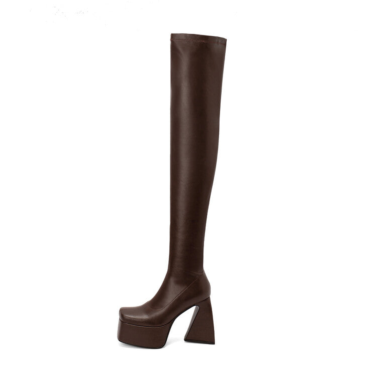 Women's Pu Leather Side Zippers Chunky Heel Platform Over the Knee Boots