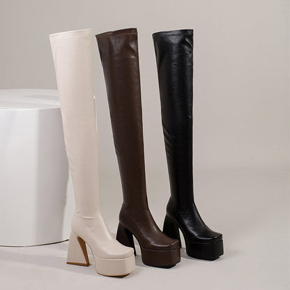 Women's Pu Leather Side Zippers Chunky Heel Platform Over the Knee Boots