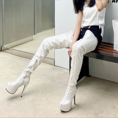 Women's Pu Leather Round Toe Rivets Patchwork Stiletto Heel Platform Over the Knee Boots