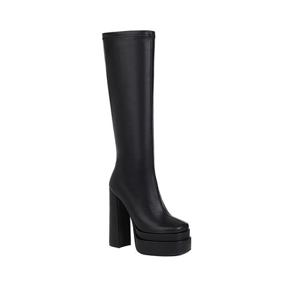 Women's Crocodile Pattern Pu Leather Side Zippers Chunky Heel Platform Knee High Boots