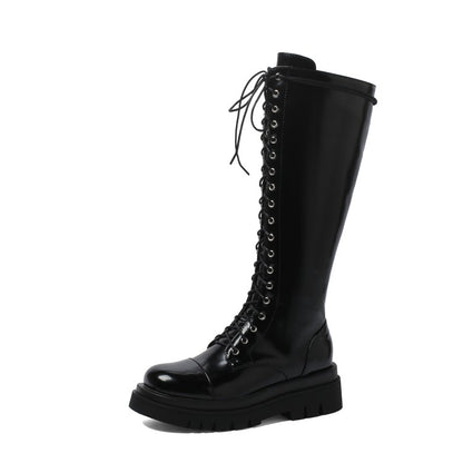 Women's Pu Leather Lace Up Side Zippers Knee High Boots