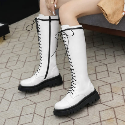 Women's Pu Leather Lace Up Side Zippers Knee High Boots