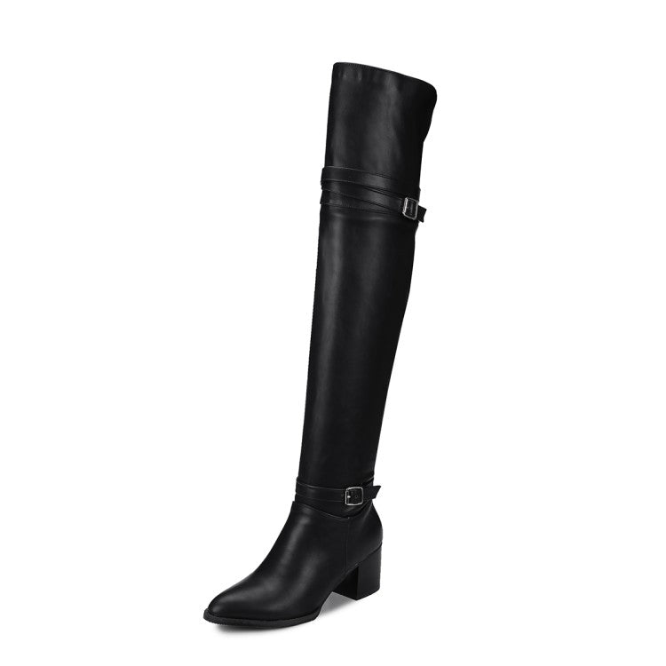 Women's Pu Leather Pointed Toe Belts Buckles Block Heel Knee High Boots