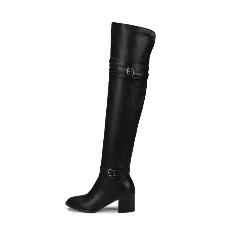 Women's Pu Leather Pointed Toe Belts Buckles Block Heel Knee High Boots