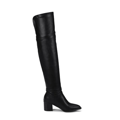 Women's Pu Leather Pointed Toe Belts Buckles Block Heel Knee High Boots