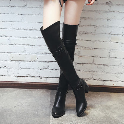 Women's Pu Leather Pointed Toe Belts Buckles Block Heel Knee High Boots