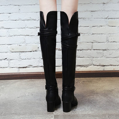 Women's Pu Leather Pointed Toe Belts Buckles Block Heel Knee High Boots