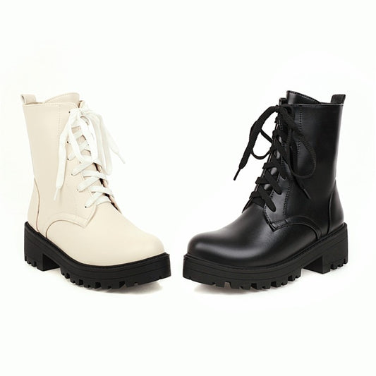 Women's Lace Up Stitch Block Chunky Heel Platform Short Boots