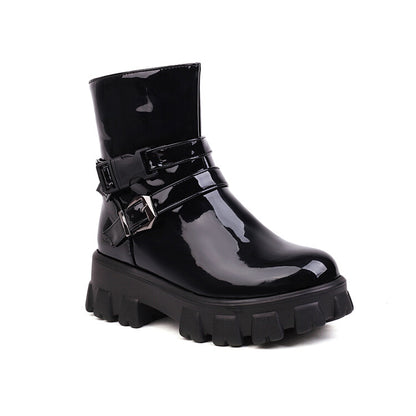 Women's Glossy Buckle Straps Block Heel Side Zippers Platform Short Boots