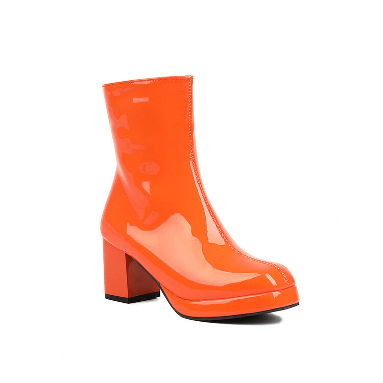 Women's Glossy Square Toe Block Heel Side Zippers Platform Short Boots
