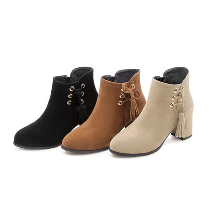 Women's Flock Pointed Toe Straps Tassel Block Heel Short Boots