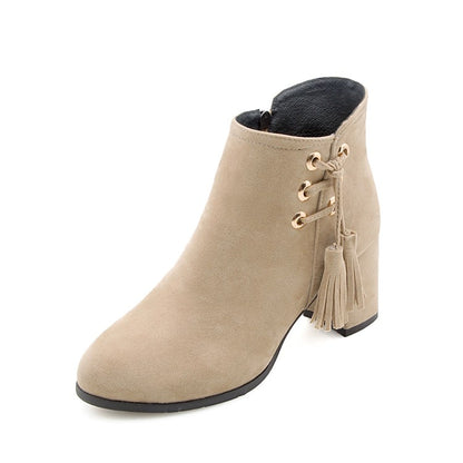 Women's Flock Pointed Toe Straps Tassel Block Heel Short Boots