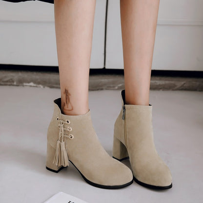 Women's Flock Pointed Toe Straps Tassel Block Heel Short Boots