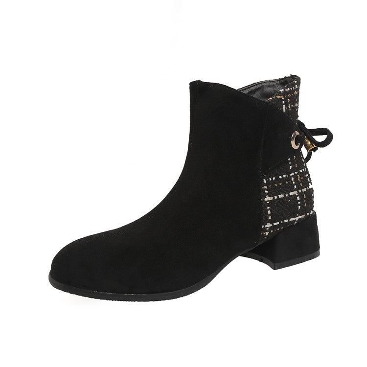 Women's Flock Lattice Patchwork Side Zippers Block Heel Short Boots