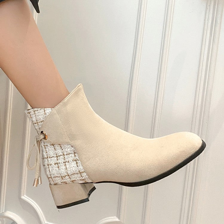 Women's Flock Lattice Patchwork Side Zippers Block Heel Short Boots