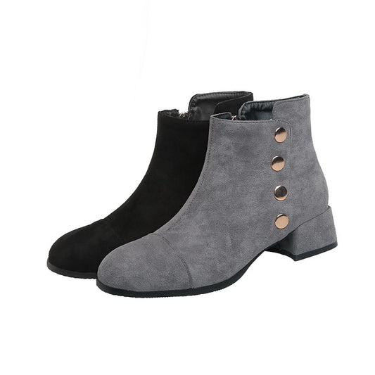 Women's Flock Square Toe Rivets Block Heel Short Boots