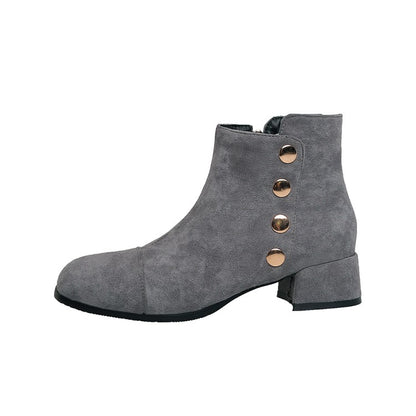 Women's Flock Square Toe Rivets Block Heel Short Boots