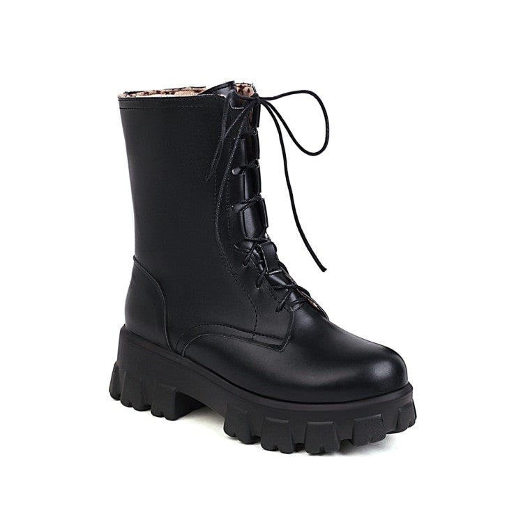 Women's Glossy Round Toe Lace Up Flat Side Zippers Platform Short Boots