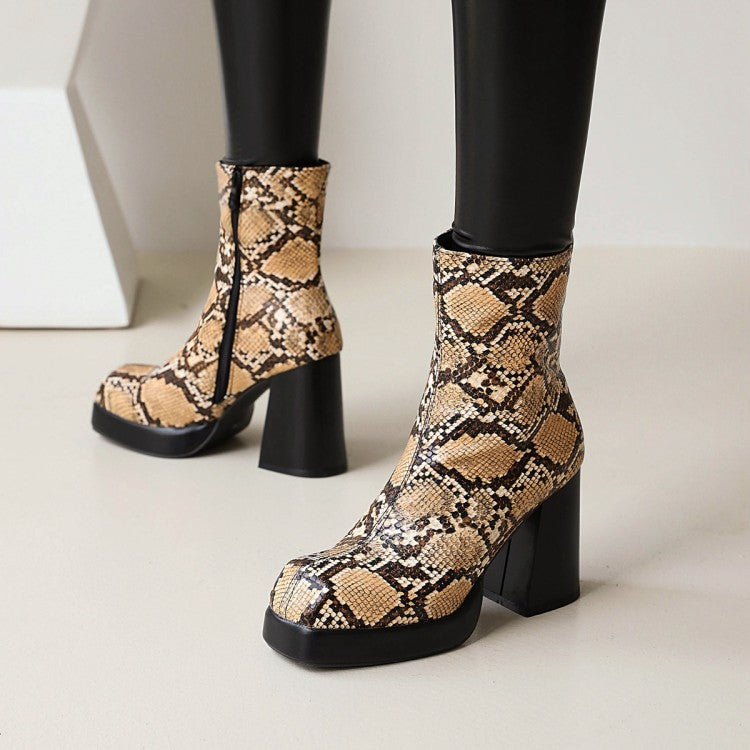 Women's Snake Printed Chunky Heel Side Zippers Platform Short Boots