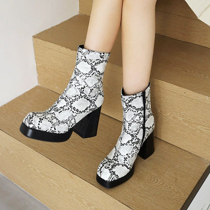 Women's Snake Printed Chunky Heel Side Zippers Platform Short Boots