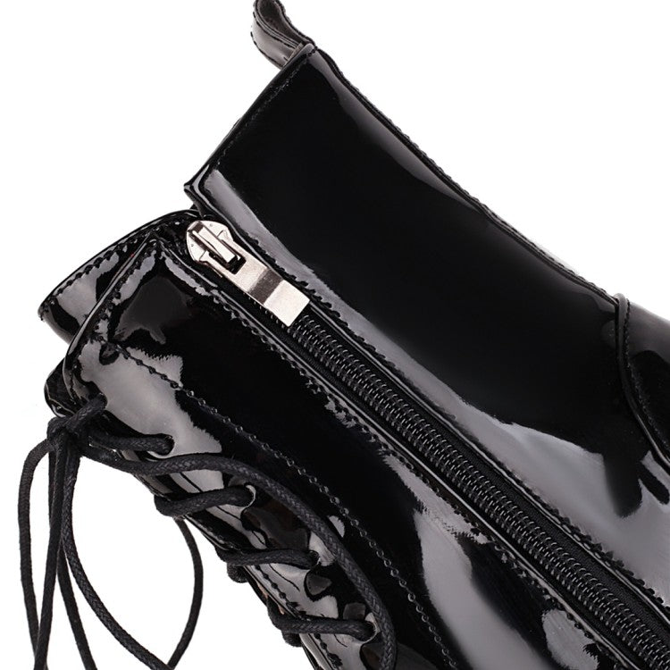 Women's Glossy Lace Up Side Zippers Block Heel Platform Short Boots