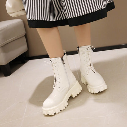 Women's Glossy Lace Up Side Zippers Block Heel Platform Short Boots