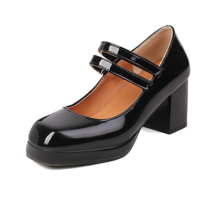 Women's Platform Pumps Glossy Mary Janes Double Monk-Straps Block Chunky Heel