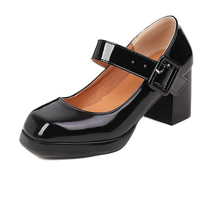 Women's Platform Pumps Glossy Square Toe Mary Janes Buckle Straps Block Chunky Heel