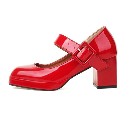 Women's Platform Pumps Glossy Square Toe Mary Janes Buckle Straps Block Chunky Heel