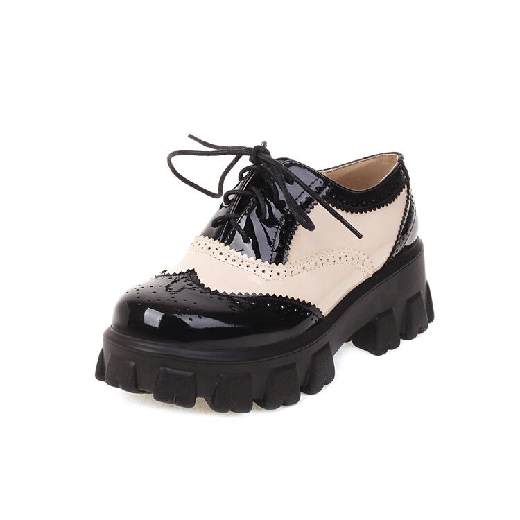 Women's Round Toe Carved Lace Up Platform Heels Oxford Shoes