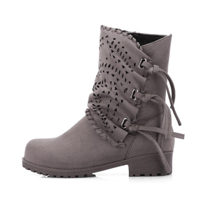 Women's Flock Tied Straps Cutout Puppy Heel Platform Short Boots