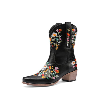 Women's Pu Leather Pointed Toe Floral Embroidery Puppy Heel Cowboy Short Boots