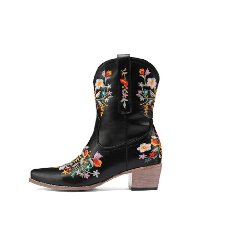 Women's Pu Leather Pointed Toe Floral Embroidery Puppy Heel Cowboy Short Boots