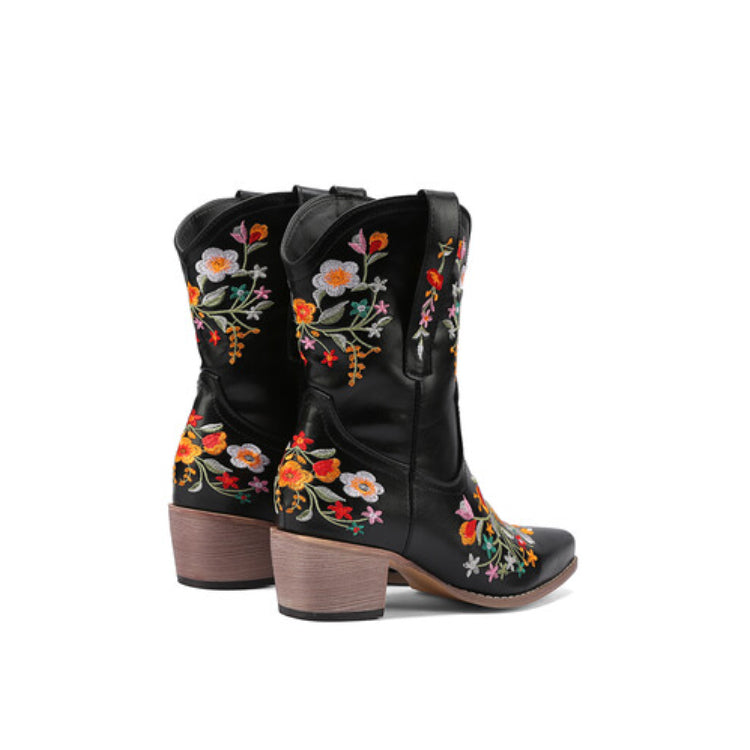 Women's Pu Leather Pointed Toe Floral Embroidery Puppy Heel Cowboy Short Boots