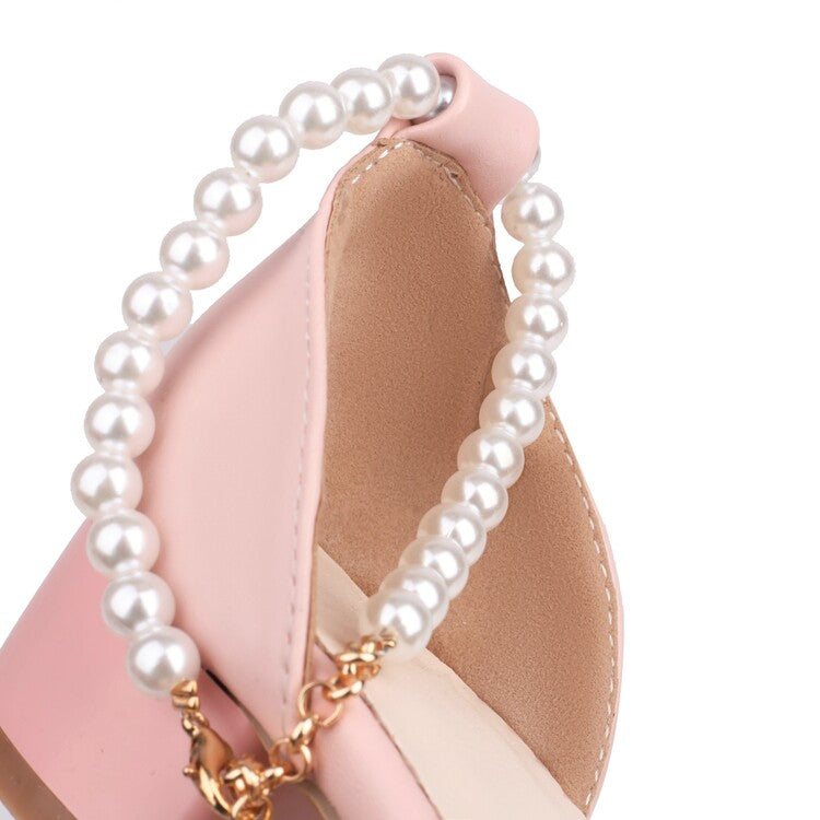 Women's Round Toe Pearls Beads Ankle Strap Block Chunky Heel Sandals